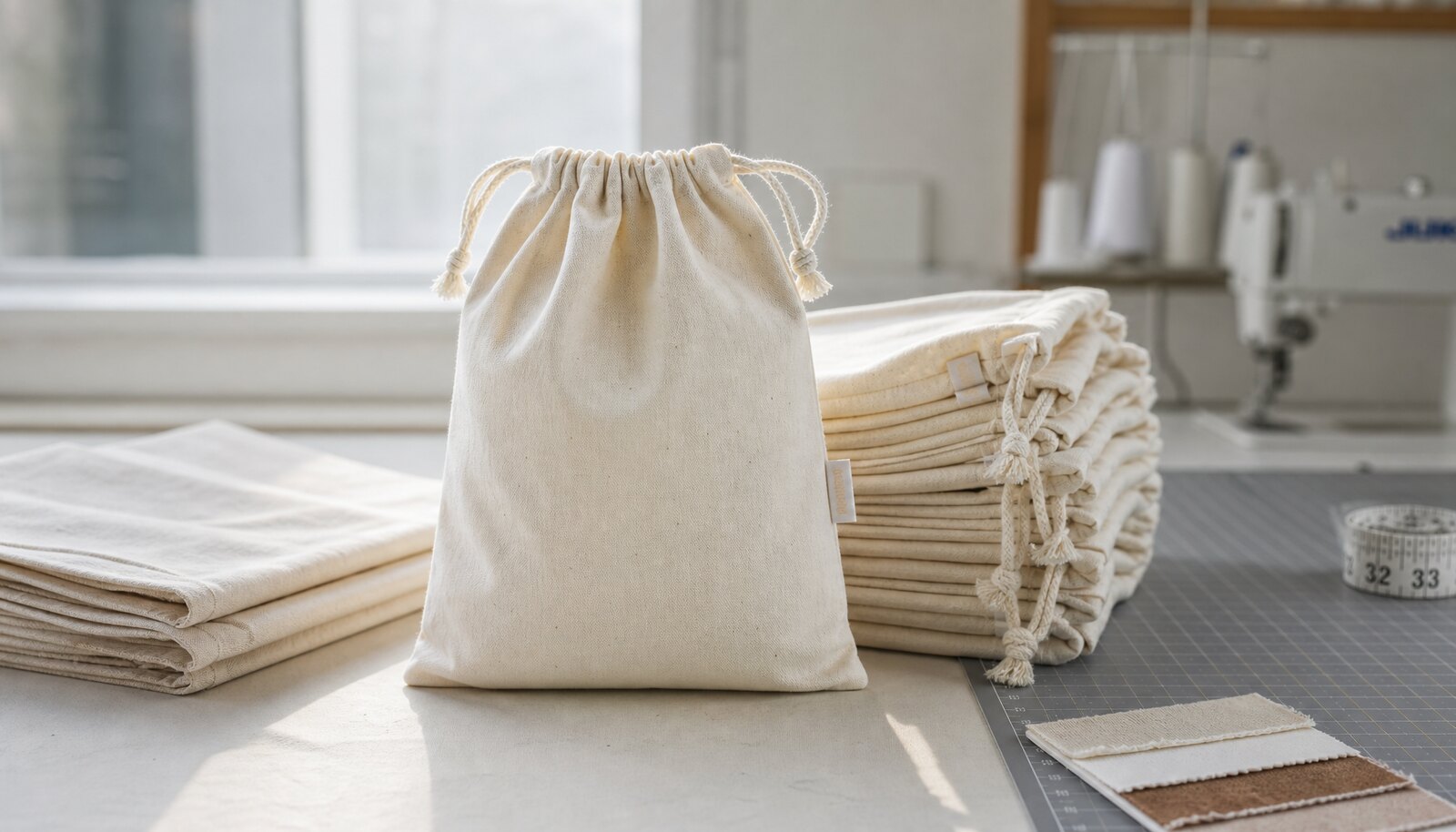 Neatly stacked custom cotton drawstring pouches in a factory sample room with a sewn CTM side label visible on one pouch.