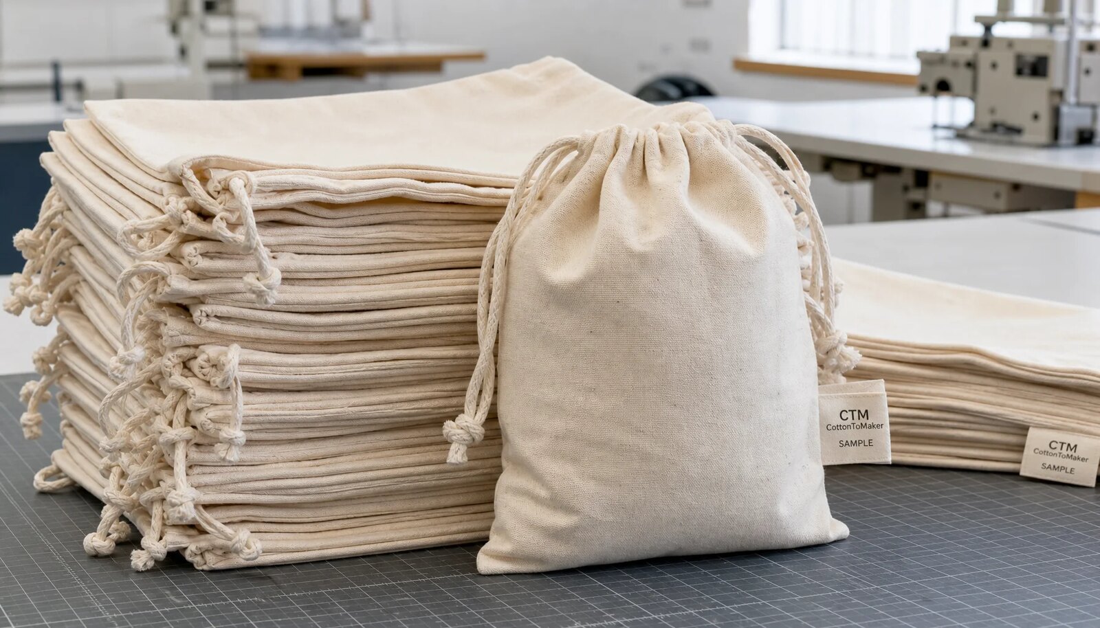 Custom cotton drawstring pouches with a small CTM sample logo shown in a factory sample room
