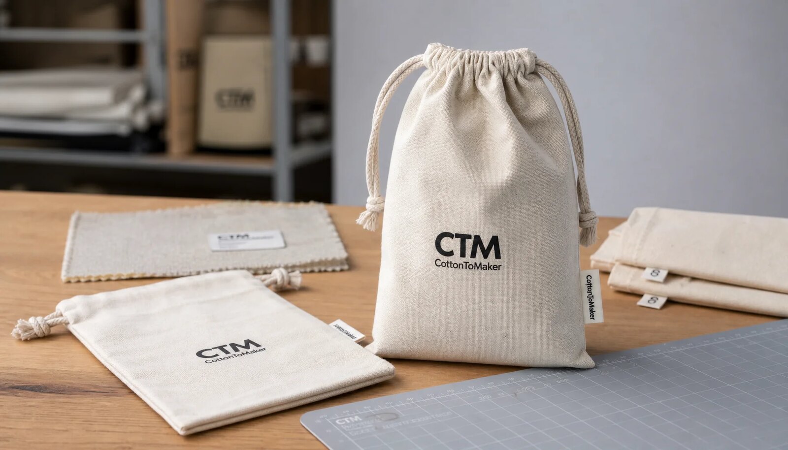 Natural custom cotton drawstring pouches with CTM sample logo on a clean studio sample table