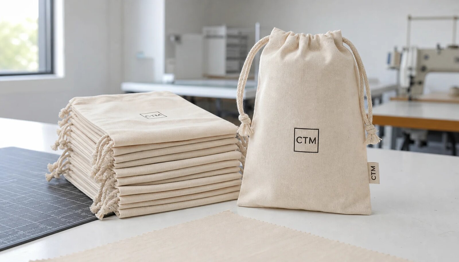 Natural cotton drawstring pouches with a simple CTM logo in a factory sample room