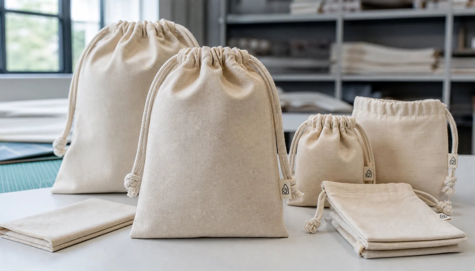 Cotton drawstring pouches with a small CTM sample label shown in a clean factory sample room