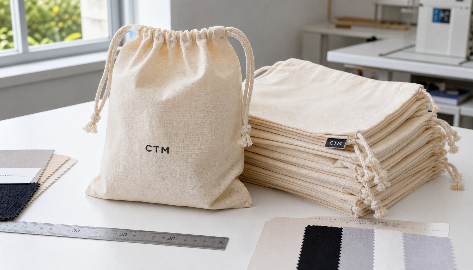 Natural cotton drawstring pouches with a simple CTM logo in a clean factory sample room