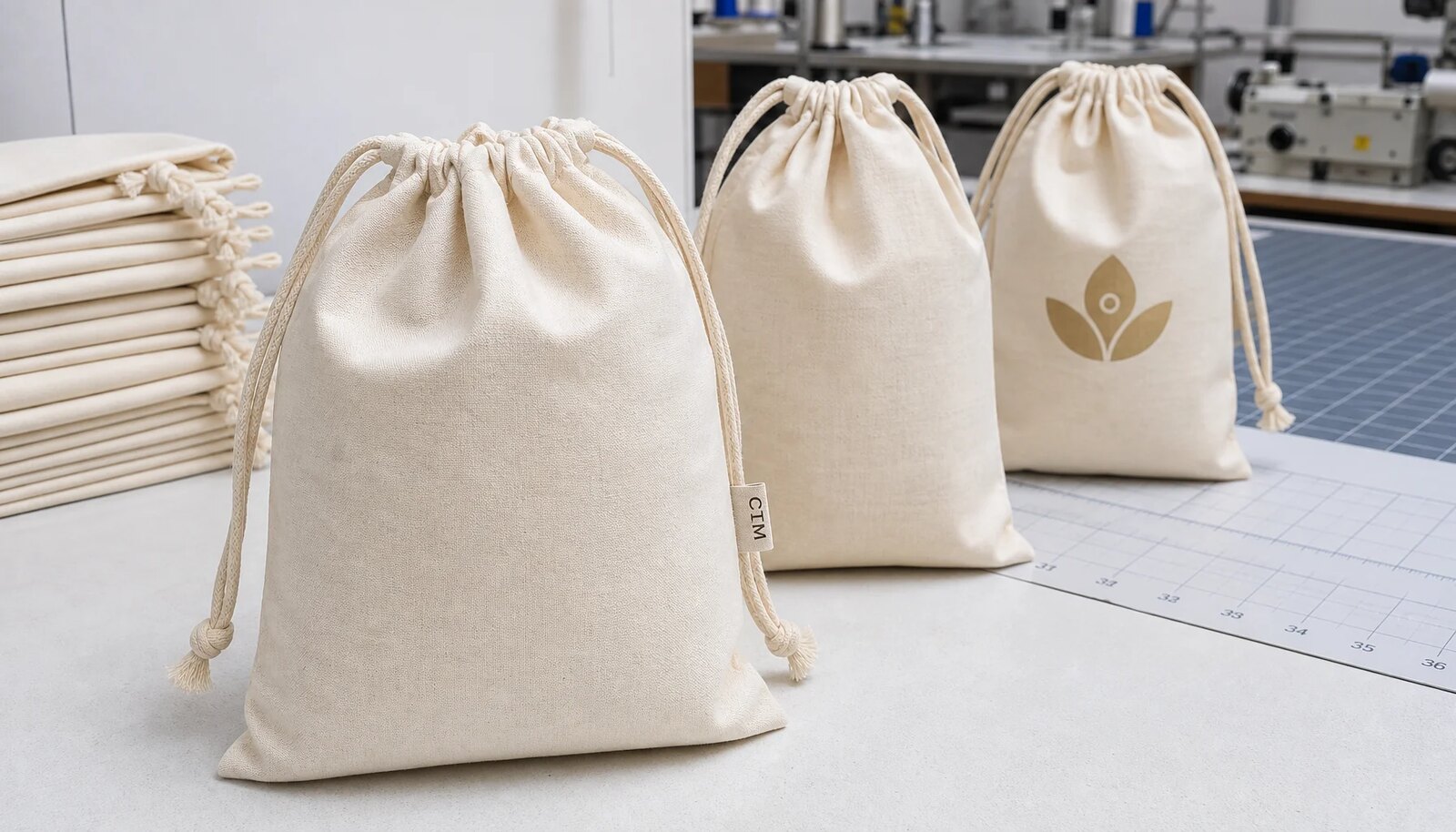 Natural cotton drawstring pouches with a simple CottonToMaker sample logo stitched and printed on the bags in a factory sample room.