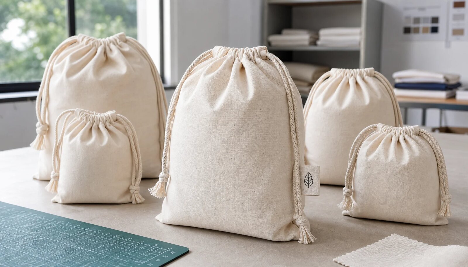 Cotton drawstring pouches with a small CTM sample label photographed in a clean factory sample room