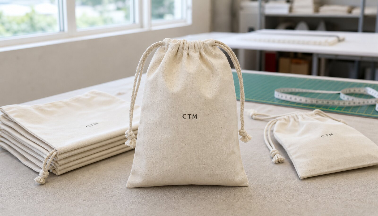 Custom cotton drawstring pouches with a simple CTM logo printed on the front in a clean factory sample room