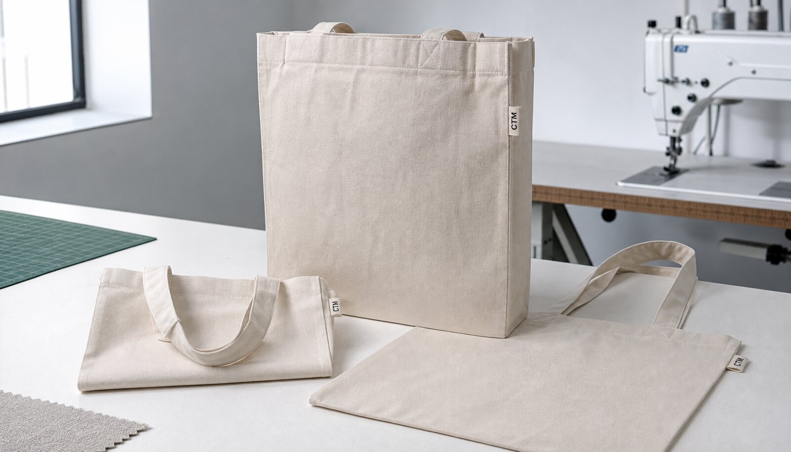 Photorealistic cotton shopping bags with a small CTM sample logo label in a factory sample room