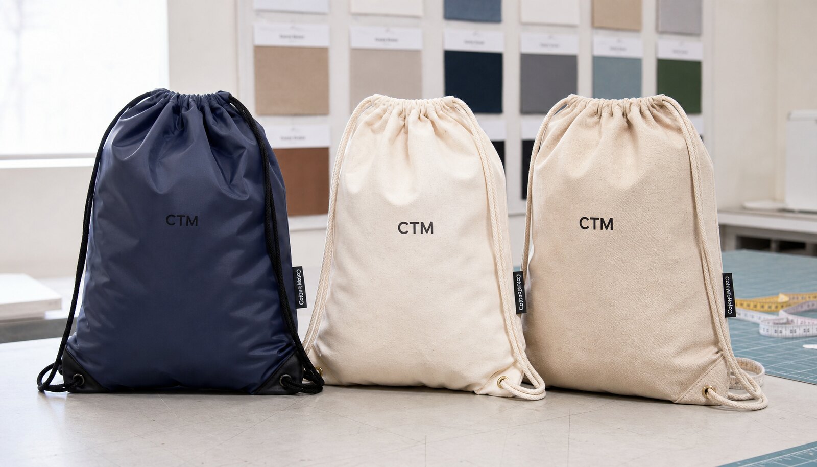 Custom drawstring backpack samples with CTM printed logo and CottonToMaker side label in a factory sample room