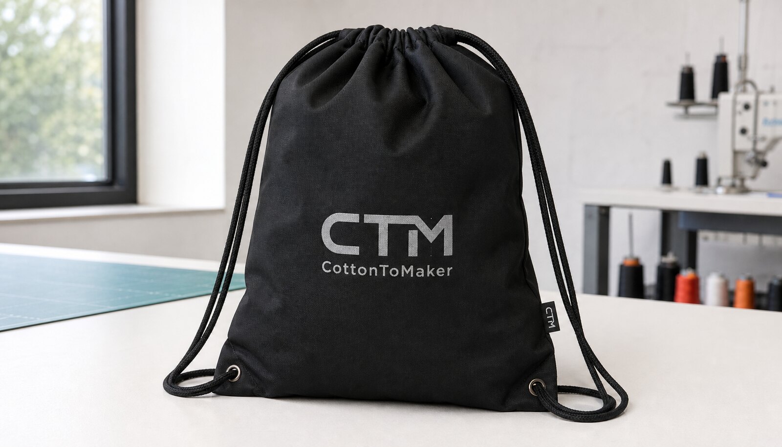 Black custom drawstring backpack with a simple CTM CottonToMaker logo printed on the front in a clean sample room