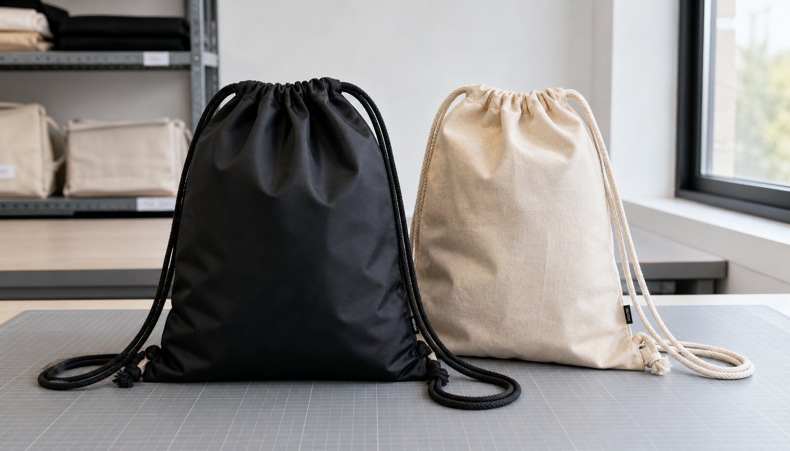 Custom drawstring backpacks with a small CTM side label shown in a clean sample room