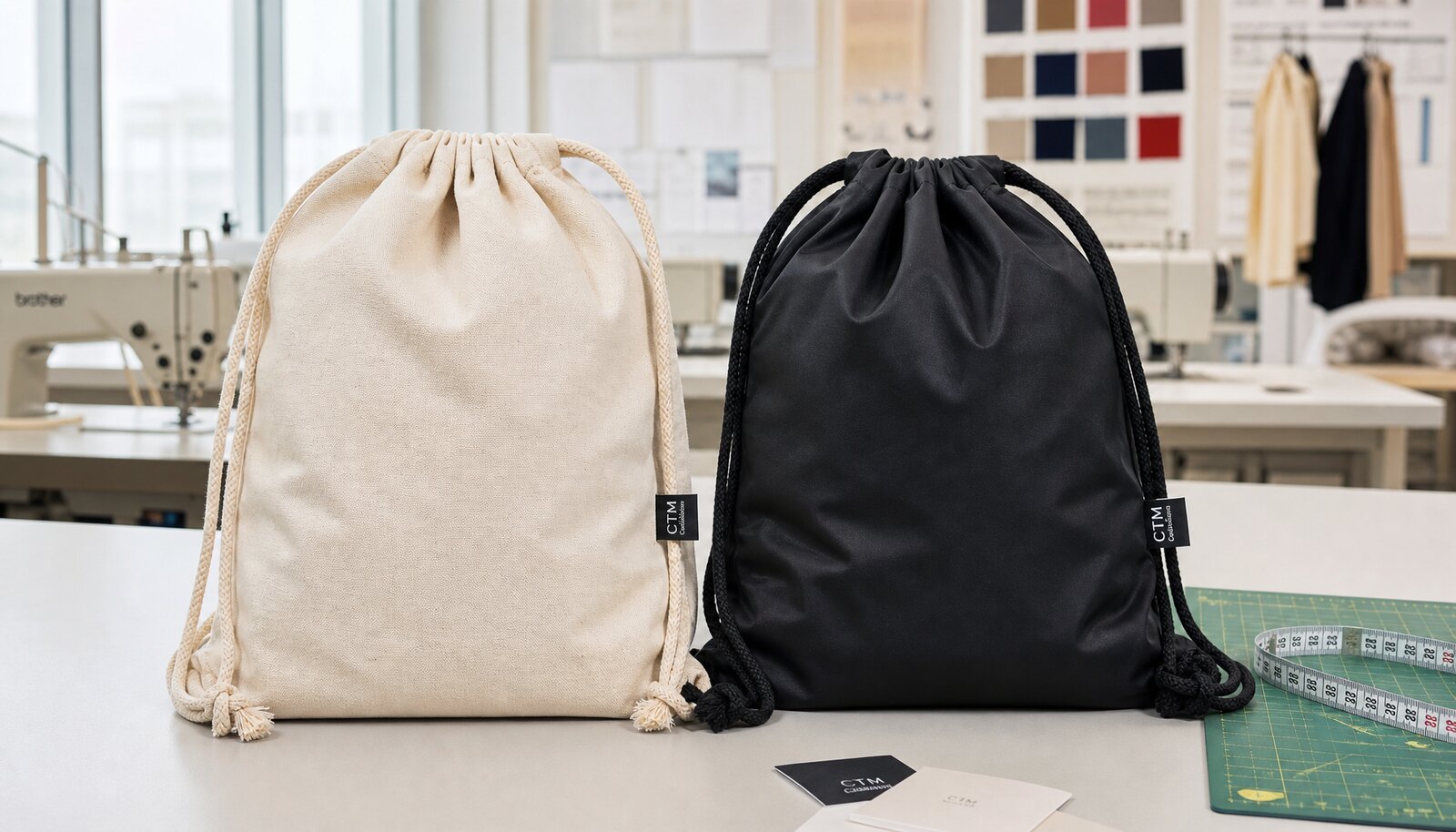Custom drawstring backpacks for hotels with CTM side label photographed in a factory sample room