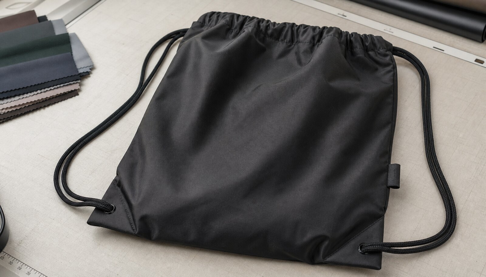 Photorealistic custom drawstring backpack with a small CTM CottonToMaker side label in a factory sample room