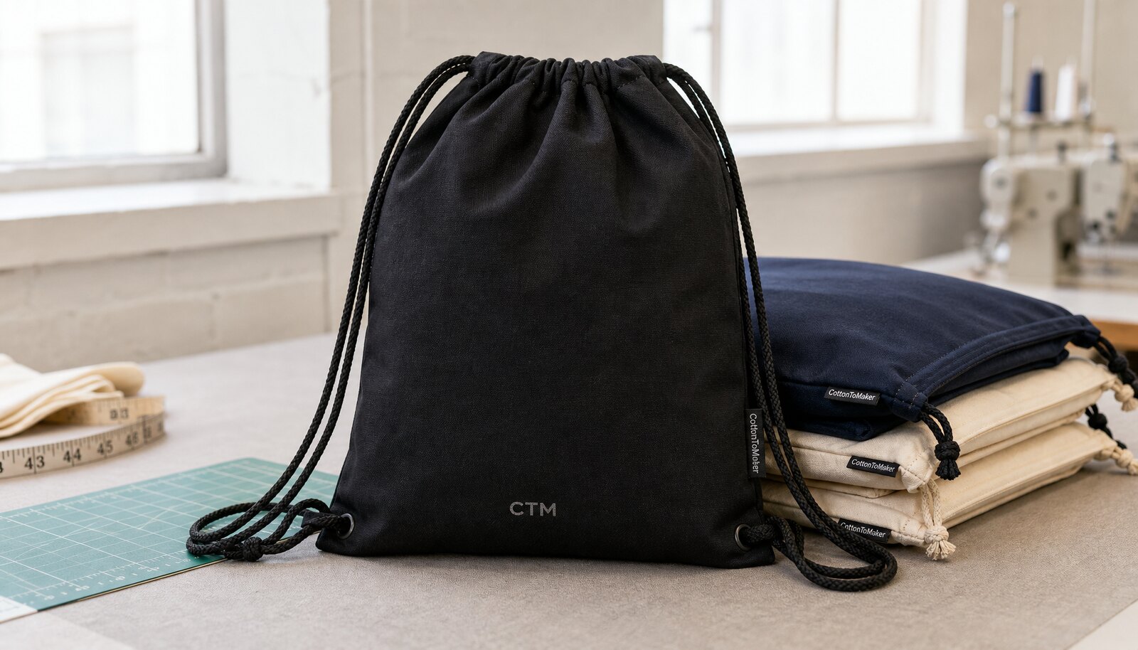 Custom drawstring backpacks with a small CTM logo printed on the front in a factory sample room