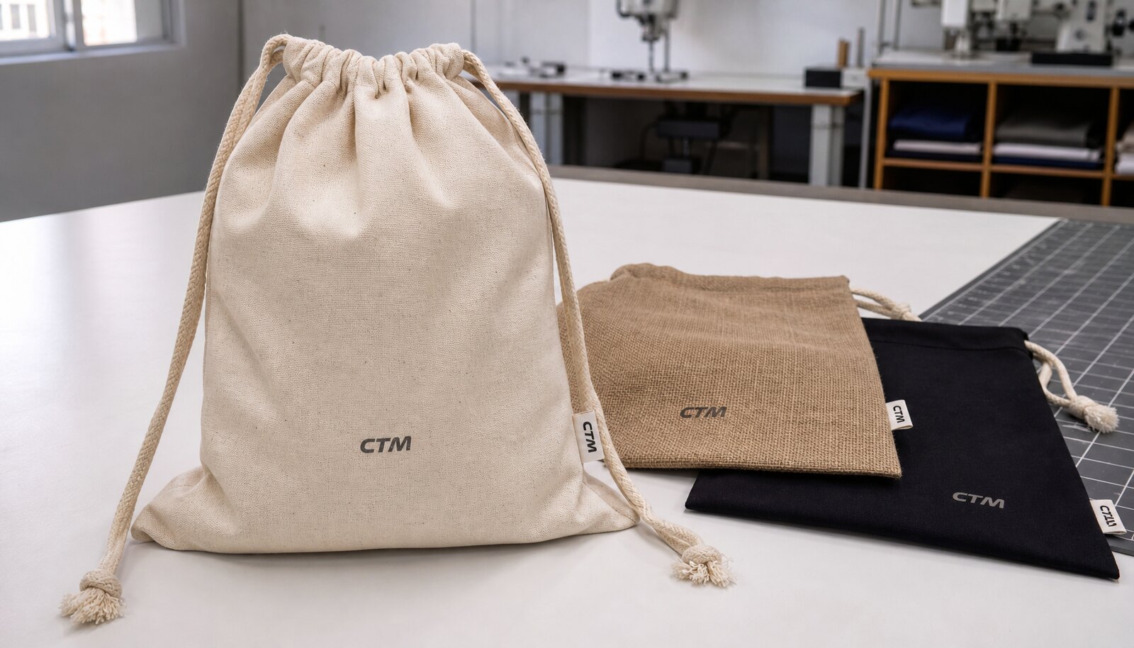Custom drawstring bags with a small CTM woven side label and clean one-color print in a factory sample room