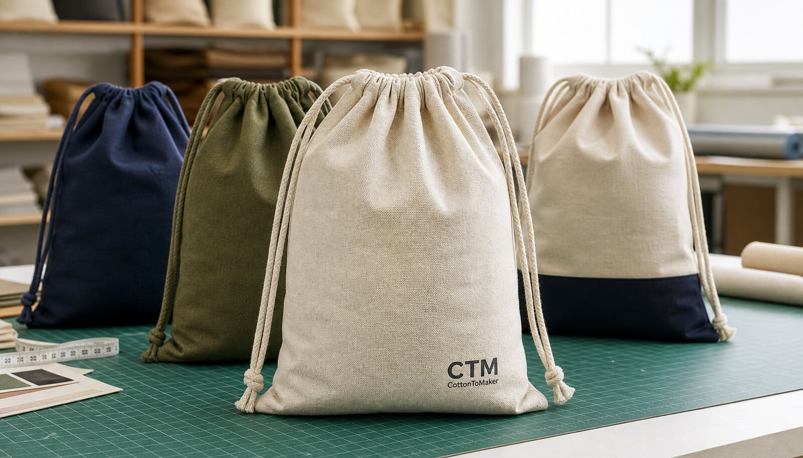 Photorealistic custom drawstring bags with a small CTM CottonToMaker logo printed on one bag in a clean factory sample room