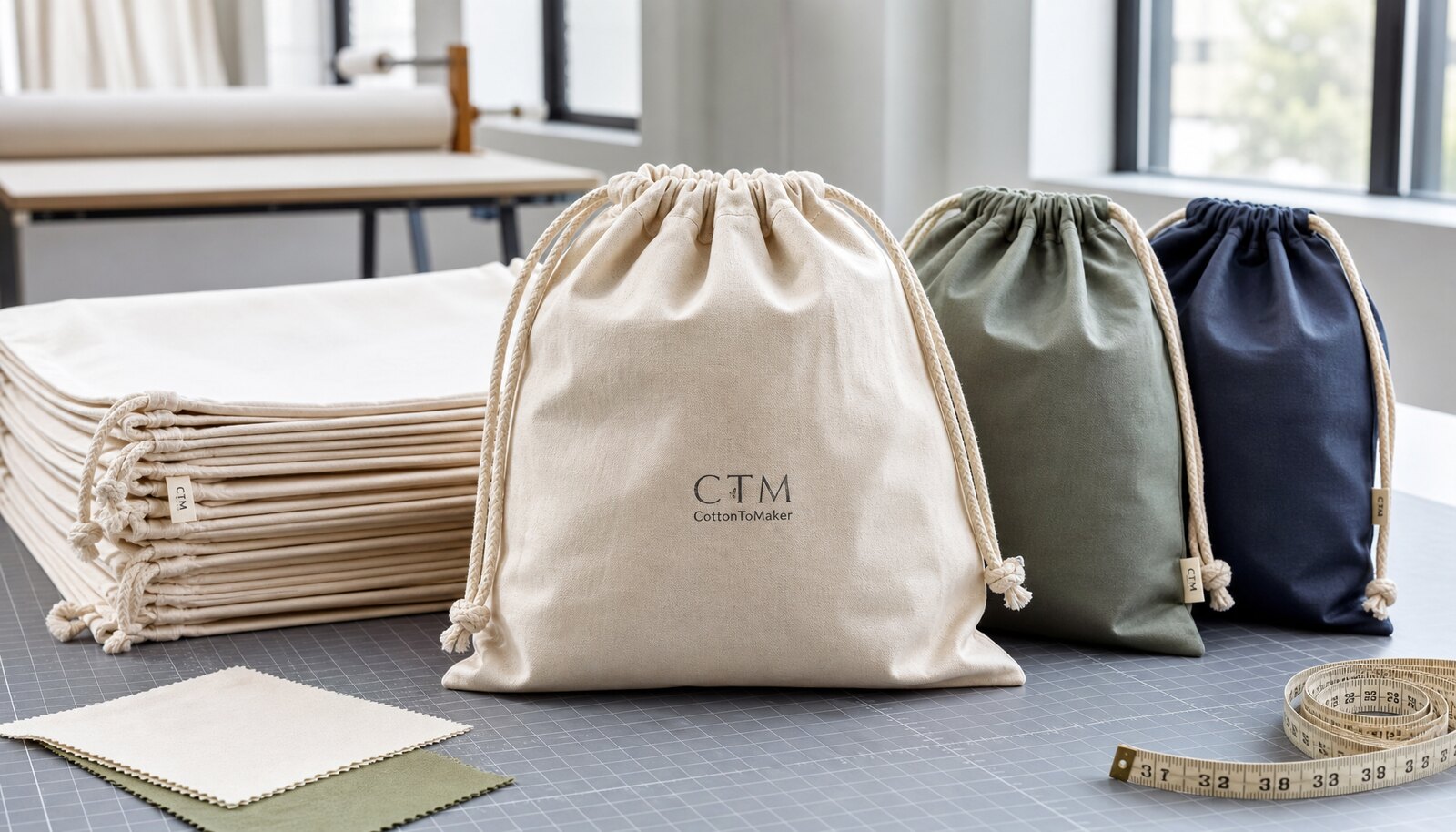 Cotton drawstring bags with a small CTM logo printed on the front in a clean factory sample room