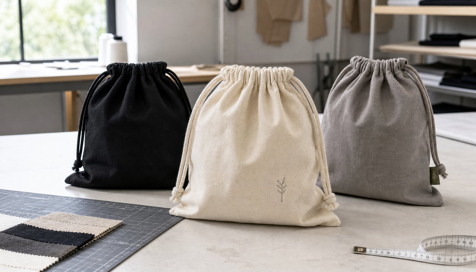 Custom drawstring gift bags with a small sample logo shown in a clean factory sample room