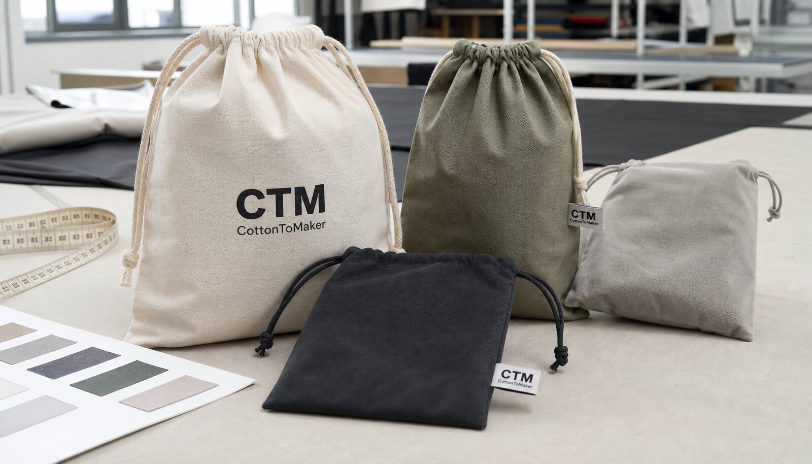 Custom drawstring pouch samples with a simple CTM logo printed and woven on the product in a factory sample room