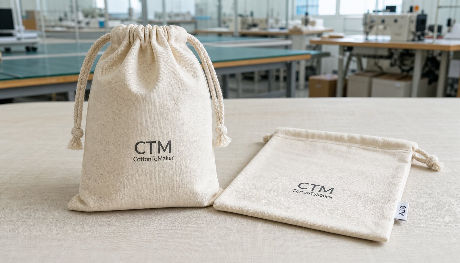Cotton drawstring pouch with a simple CTM logo printed directly on the bag in a factory sample room