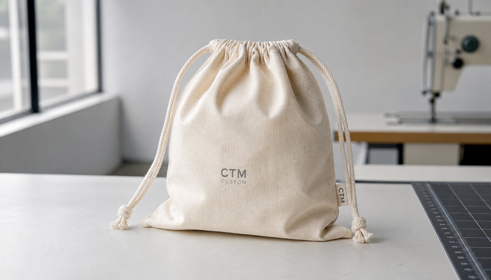 Natural cotton custom drawstring pouch with a simple CTM sample logo in a factory sample room