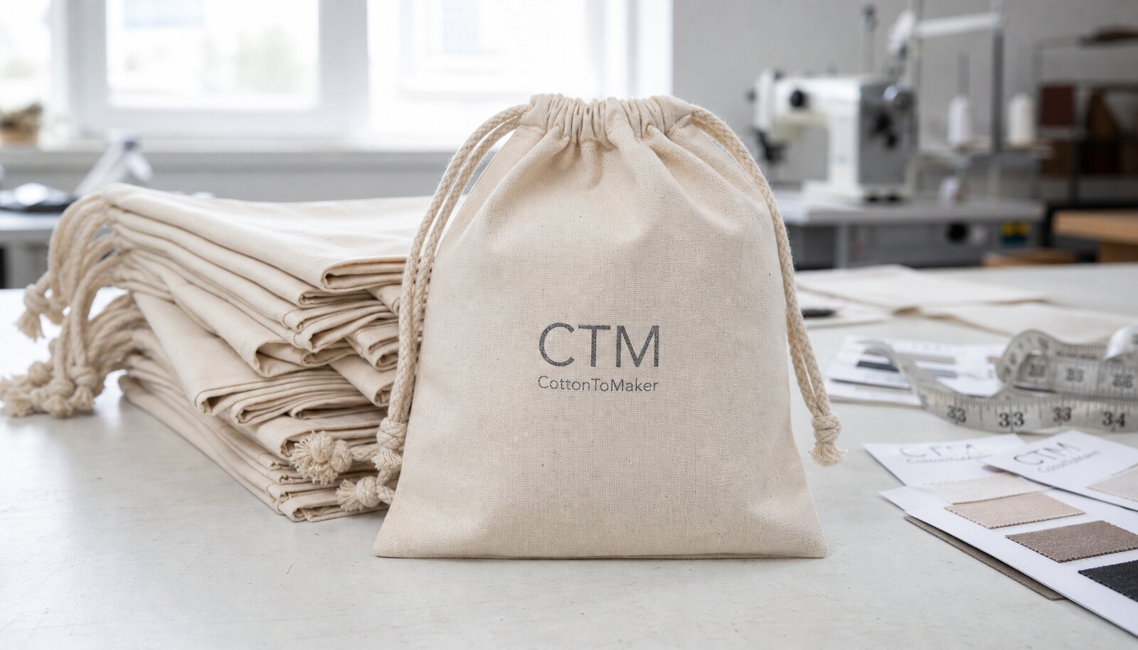 Custom drawstring pouches with a simple CTM sample logo printed in a factory sample room