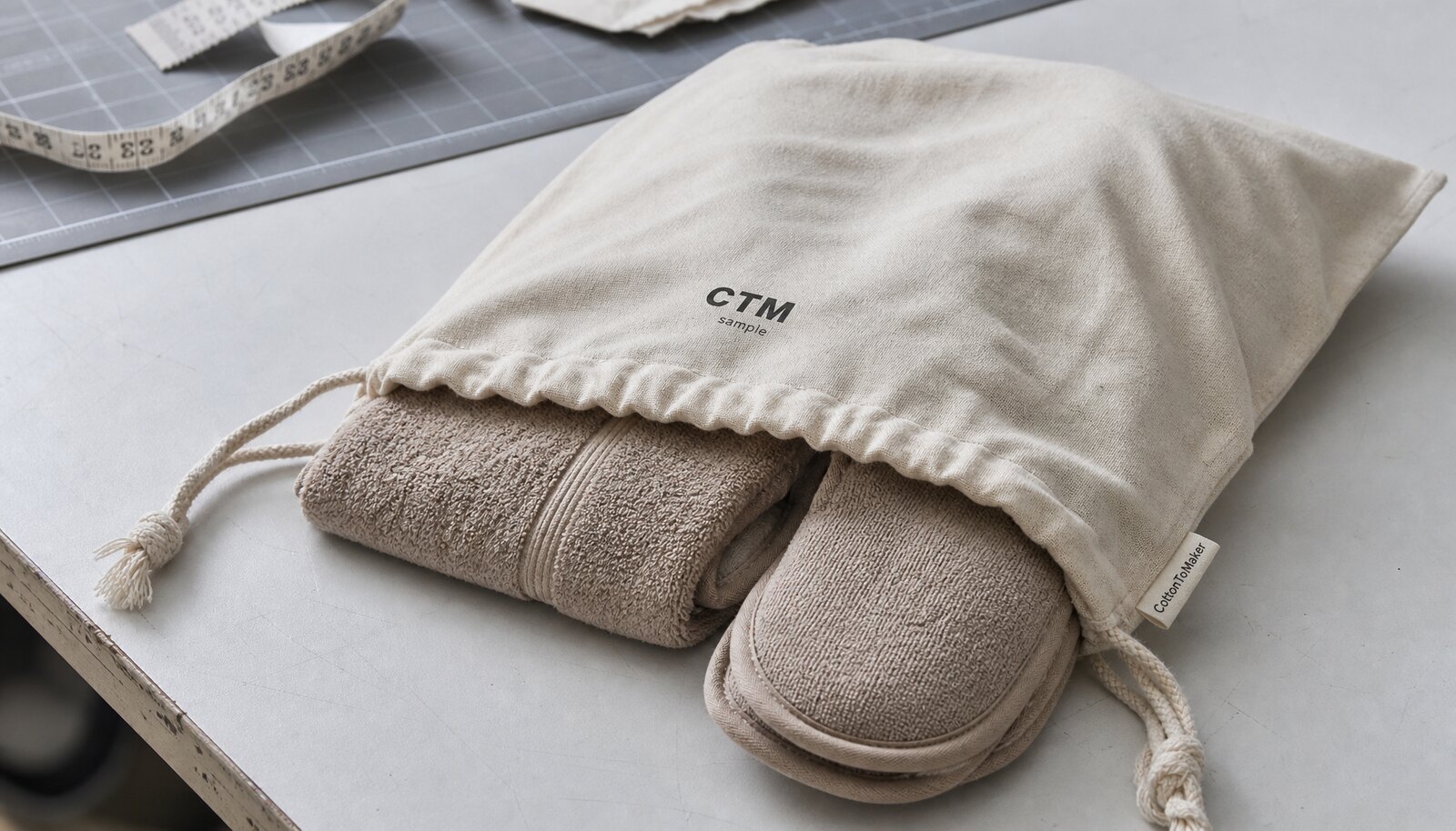 Photorealistic cotton drawstring pouch for hotel use with a simple CTM logo printed on the front and a side label stitched in place.