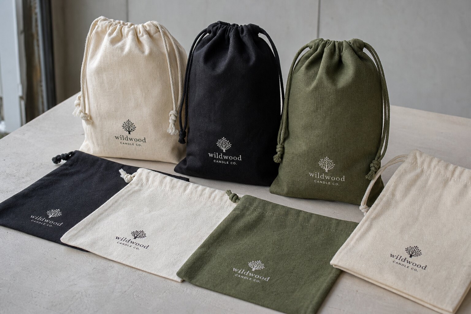 Custom cotton drawstring pouches with printed logos and visible drawcord closures on a worktable