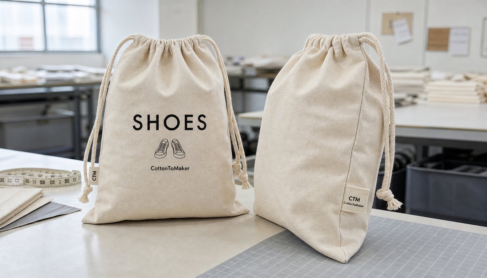 Photorealistic custom drawstring shoe bags with a simple CTM sample logo in a factory sample room