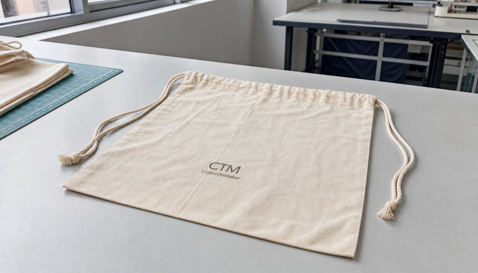Natural cotton drawstring bag with a small CTM logo printed directly on the front in a factory sample room