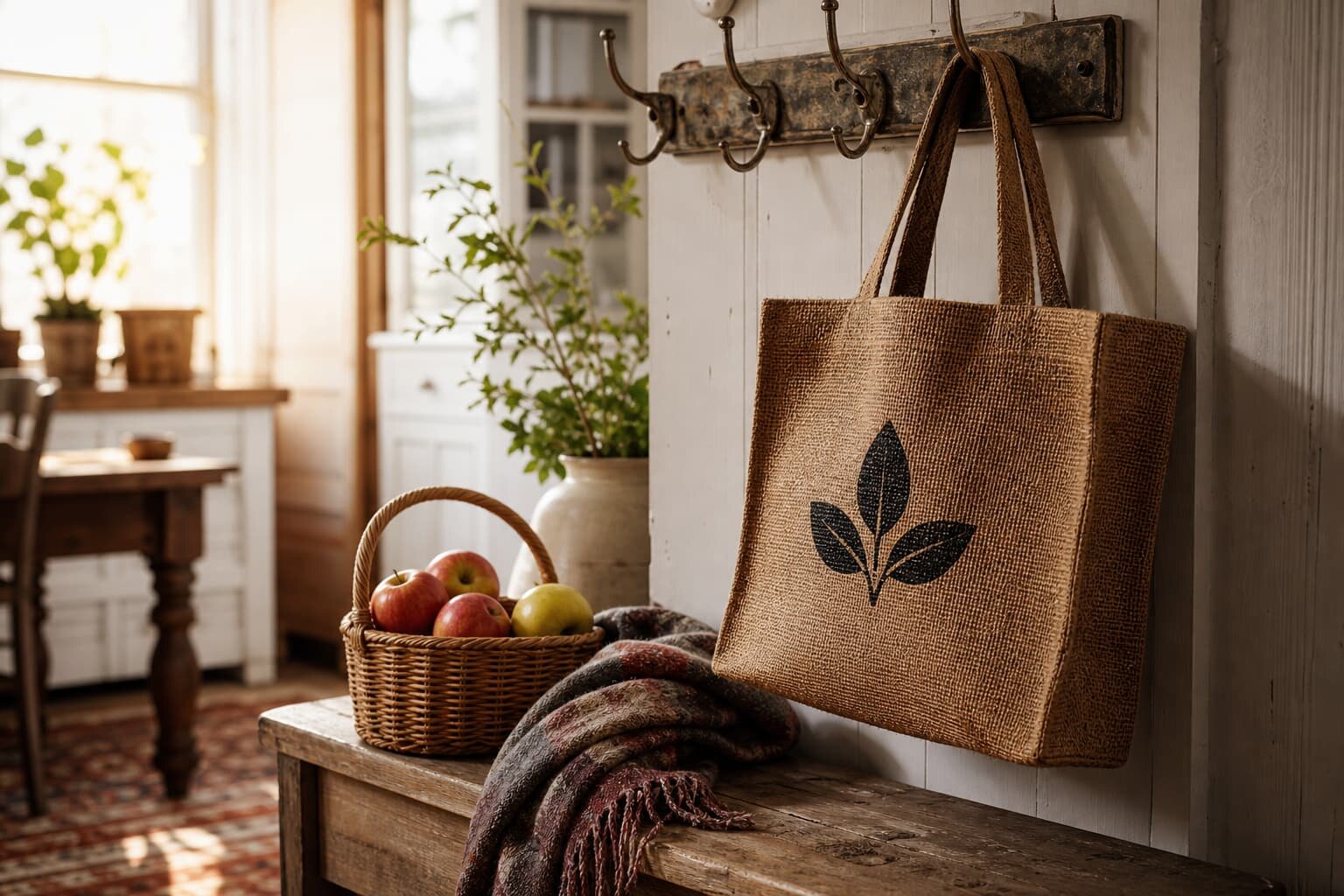 Custom jute tote bag in a sample room with reinforced handles and a CTM side label.