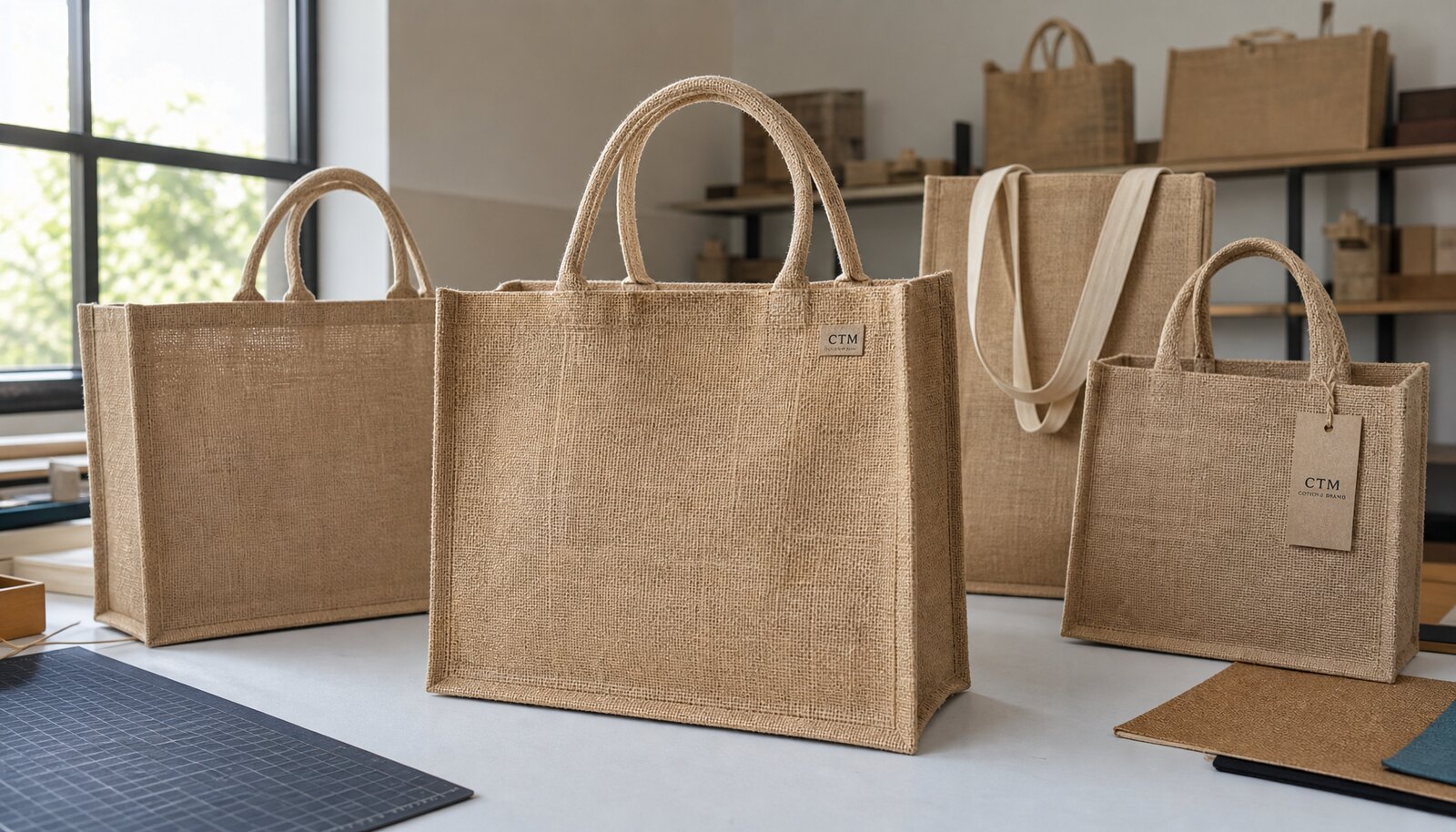 Photorealistic custom jute bags with a simple CTM CottonToMaker sample logo in a factory sample room