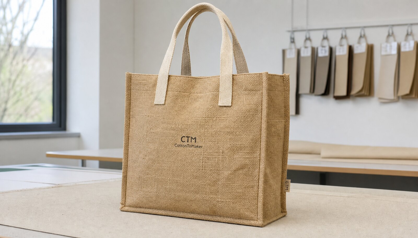 Custom jute bag for hotel use with a small CTM CottonToMaker logo printed on the front in a factory sample room