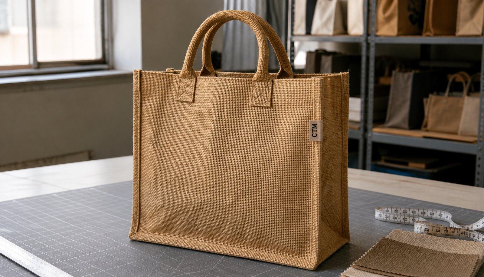 Natural jute shopping bag with a sewn CTM side label photographed in a clean factory sample room.