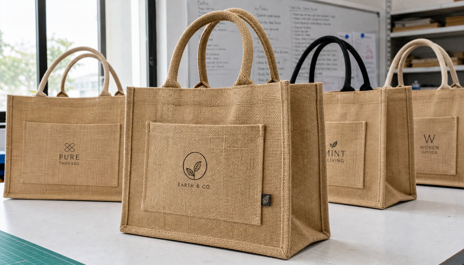 Custom jute tote bags with a simple CTM sample logo in a clean factory sample room