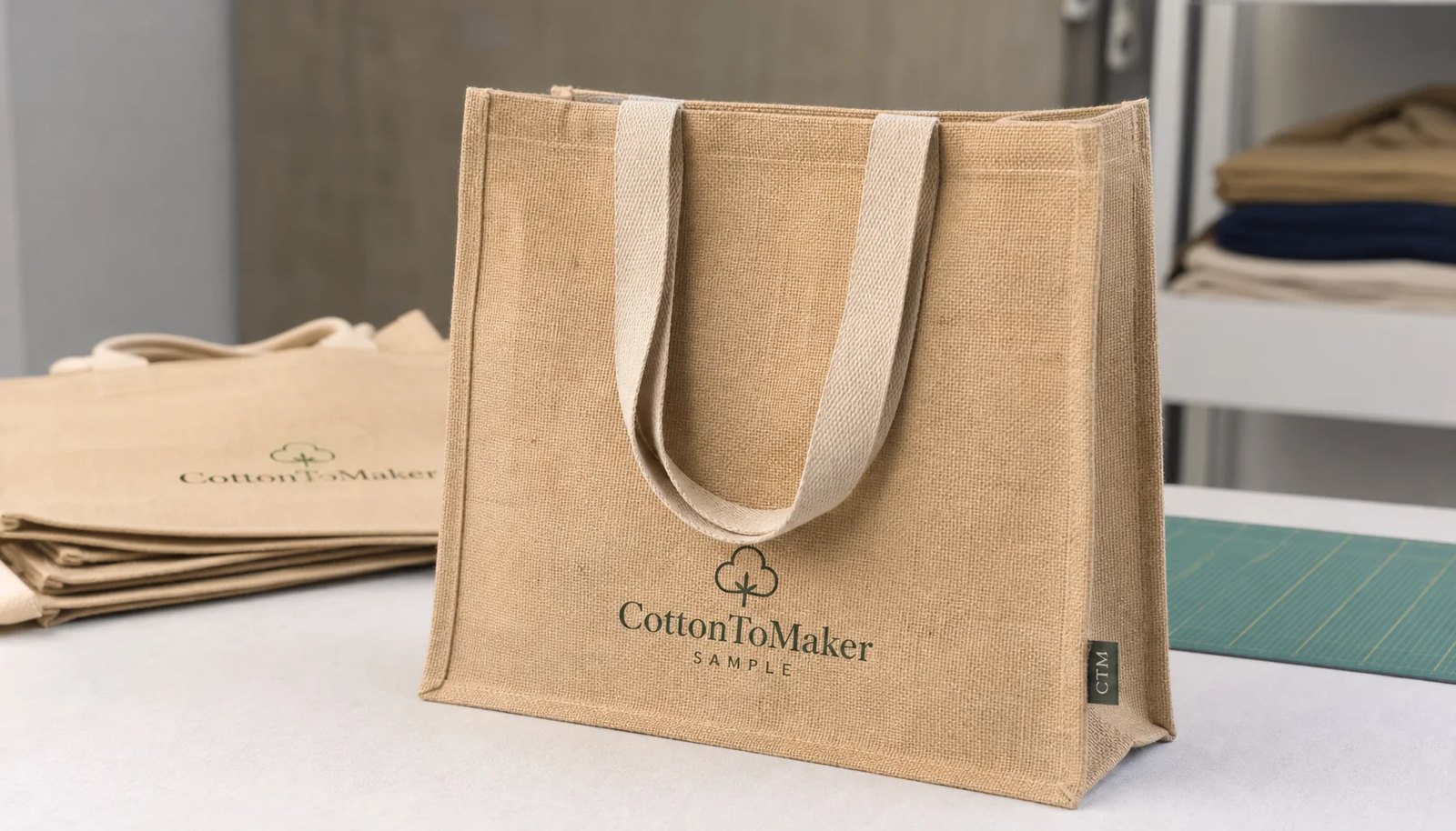 Custom jute tote bag sample with CTM woven side label and printed CottonToMaker logo