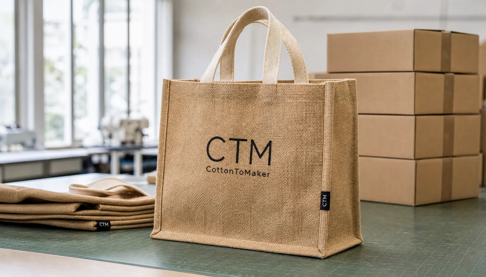 Custom jute tote bag sample with CTM logo and export carton packing in a factory sample room