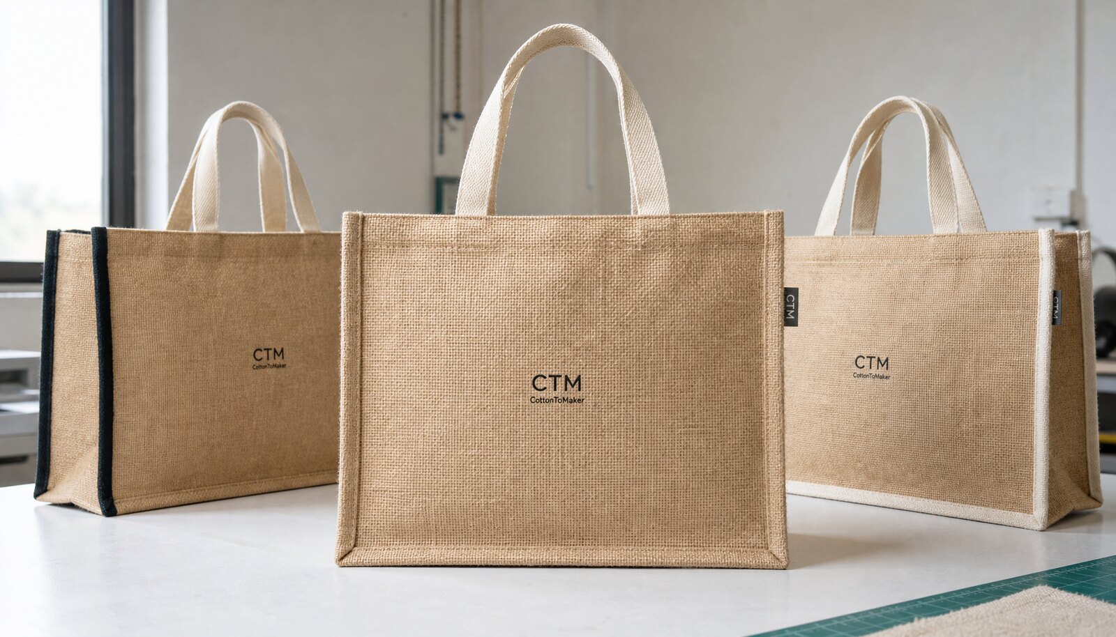 Photorealistic jute tote bags in a factory sample room with a small CTM logo on the bag