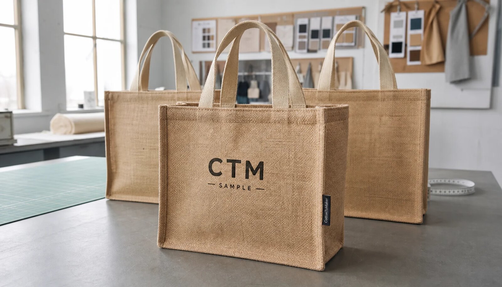 Natural custom jute tote bags with CTM sample logo and reinforced handles in a factory sample room