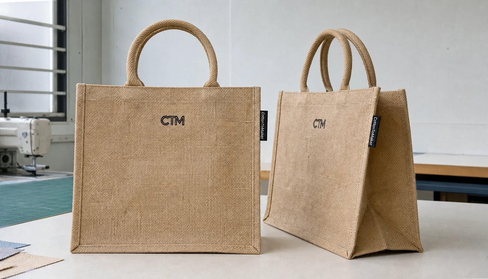Custom jute tote bags with a CTM sample logo in a factory sample room.