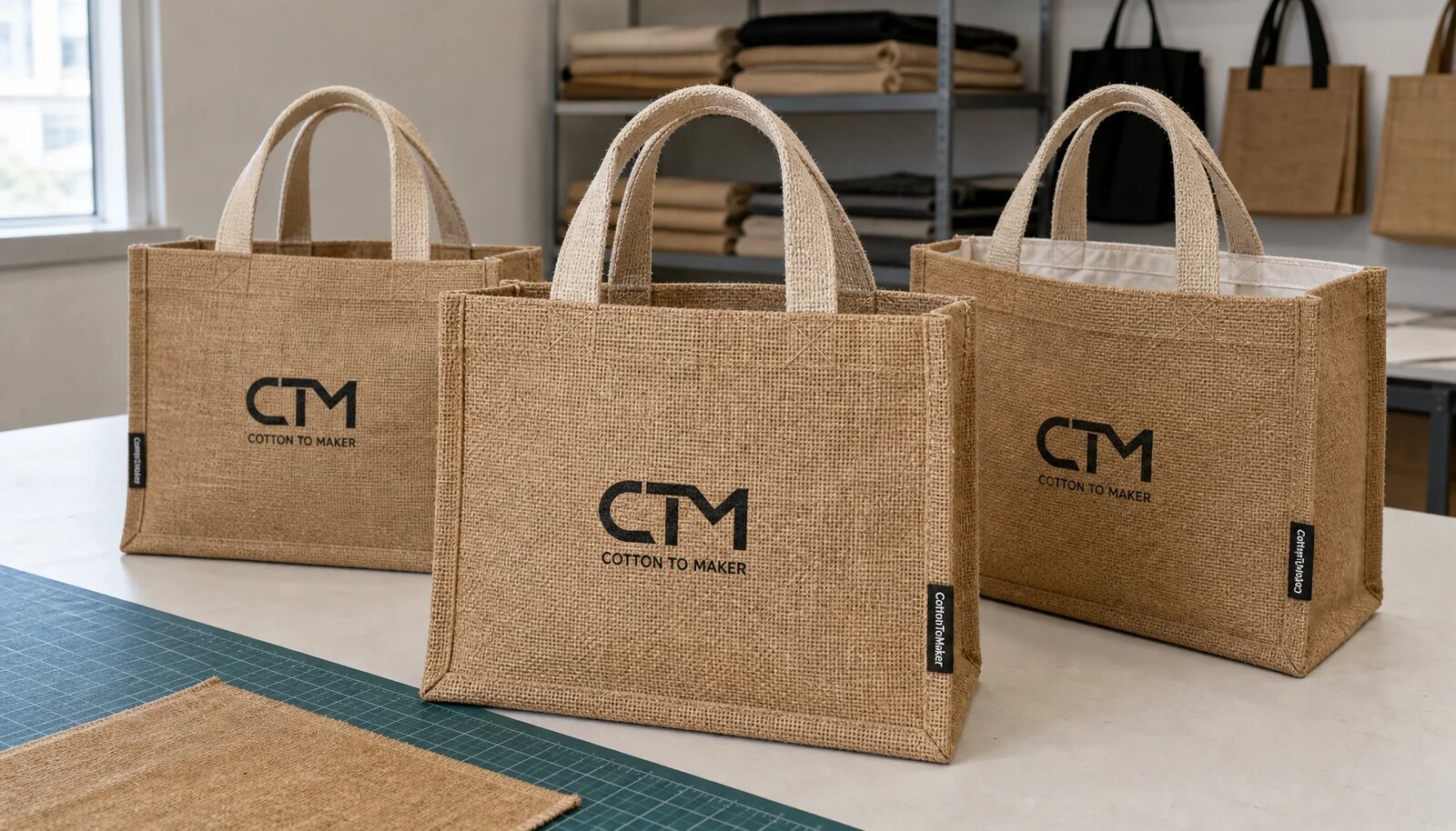 Custom jute tote bag samples with CTM logo in a factory sample room