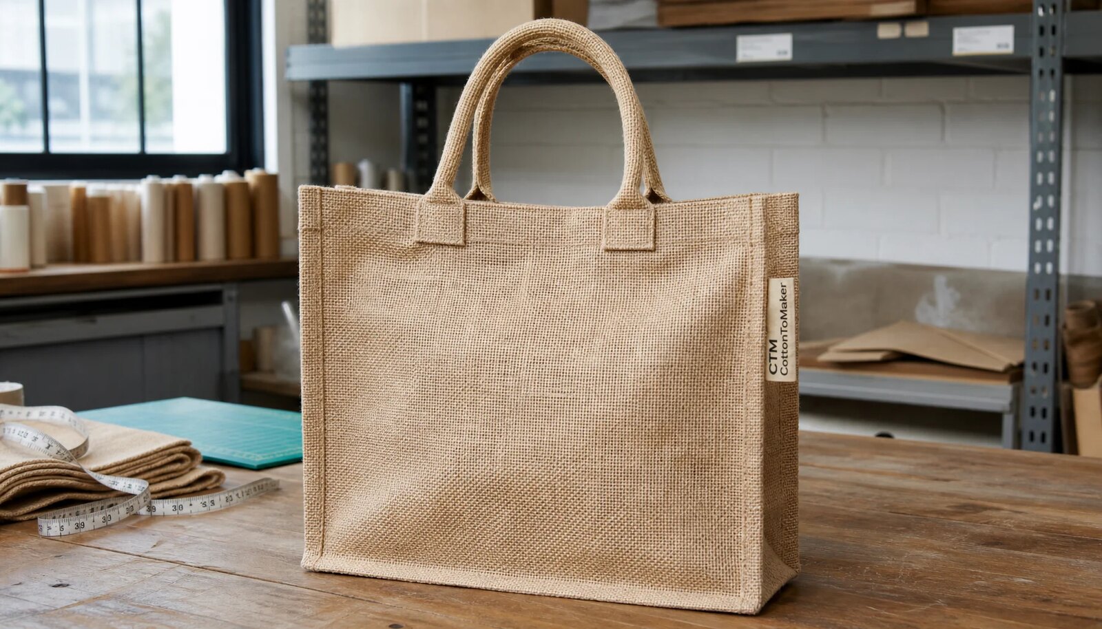 Jute tote bag sample with a CTM CottonToMaker side label in a factory sample room