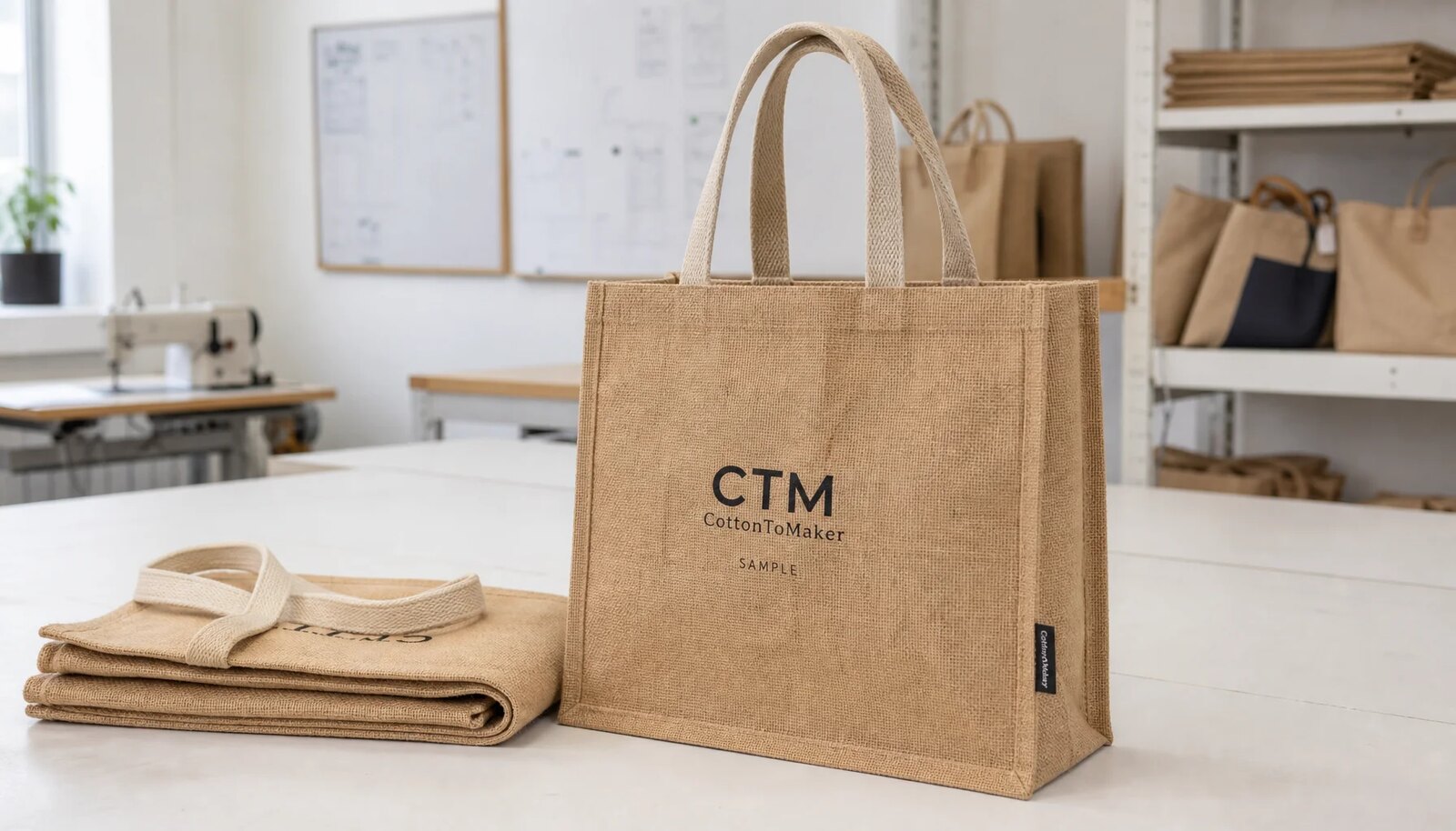 Custom natural jute tote bags with CTM sample logo printed on the front in a clean sample room