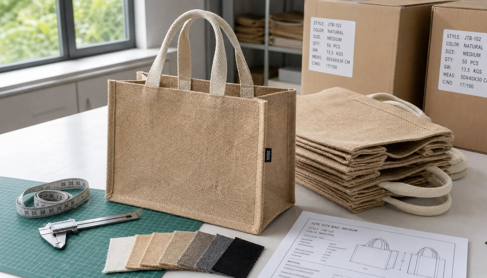 Custom jute tote bags in a factory sample room with reinforced handles, woven CottonToMaker side label, spec sheet, and packing cartons