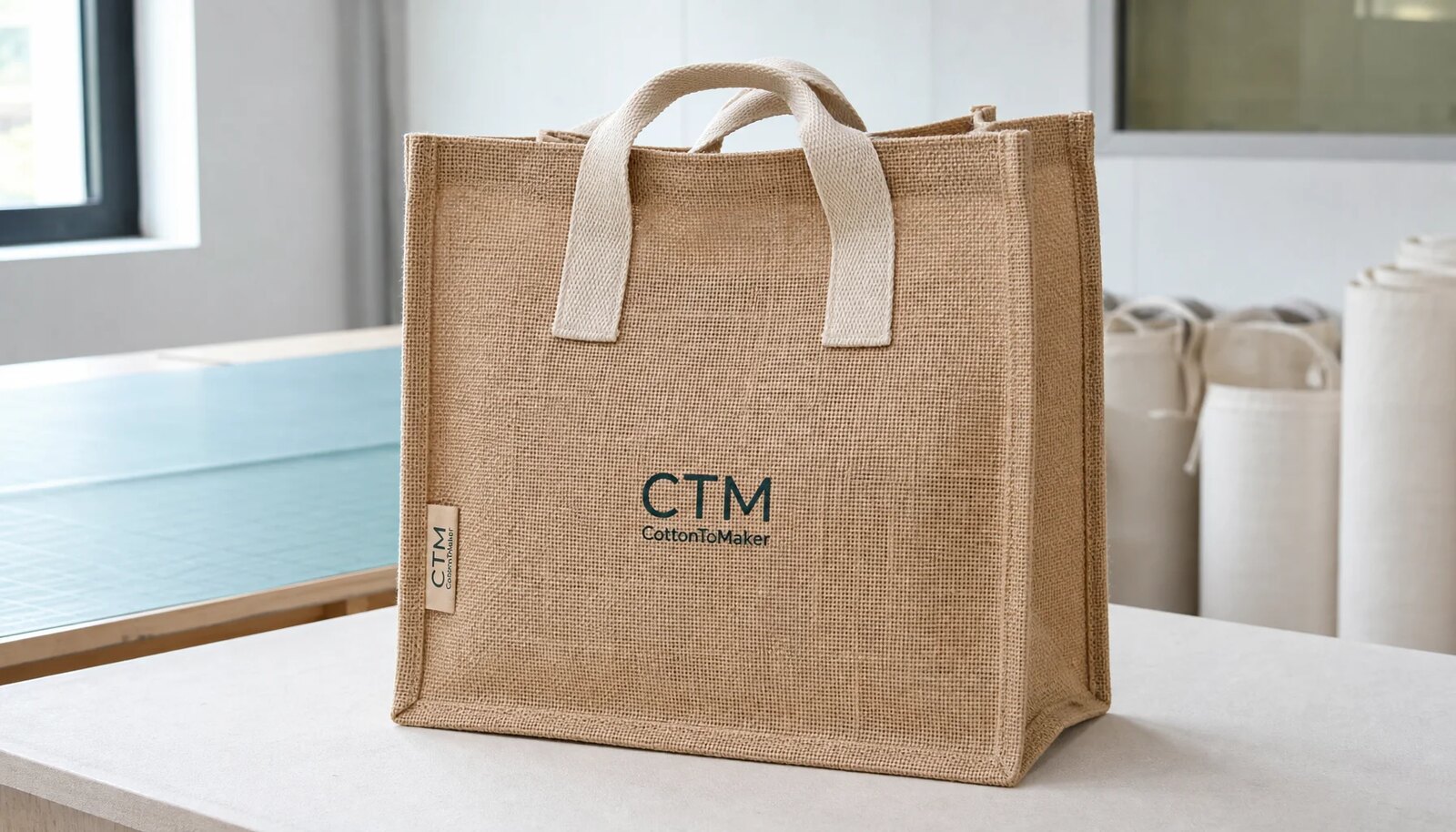 Natural jute tote bag with a small CTM logo printed and a woven side label in a factory sample room