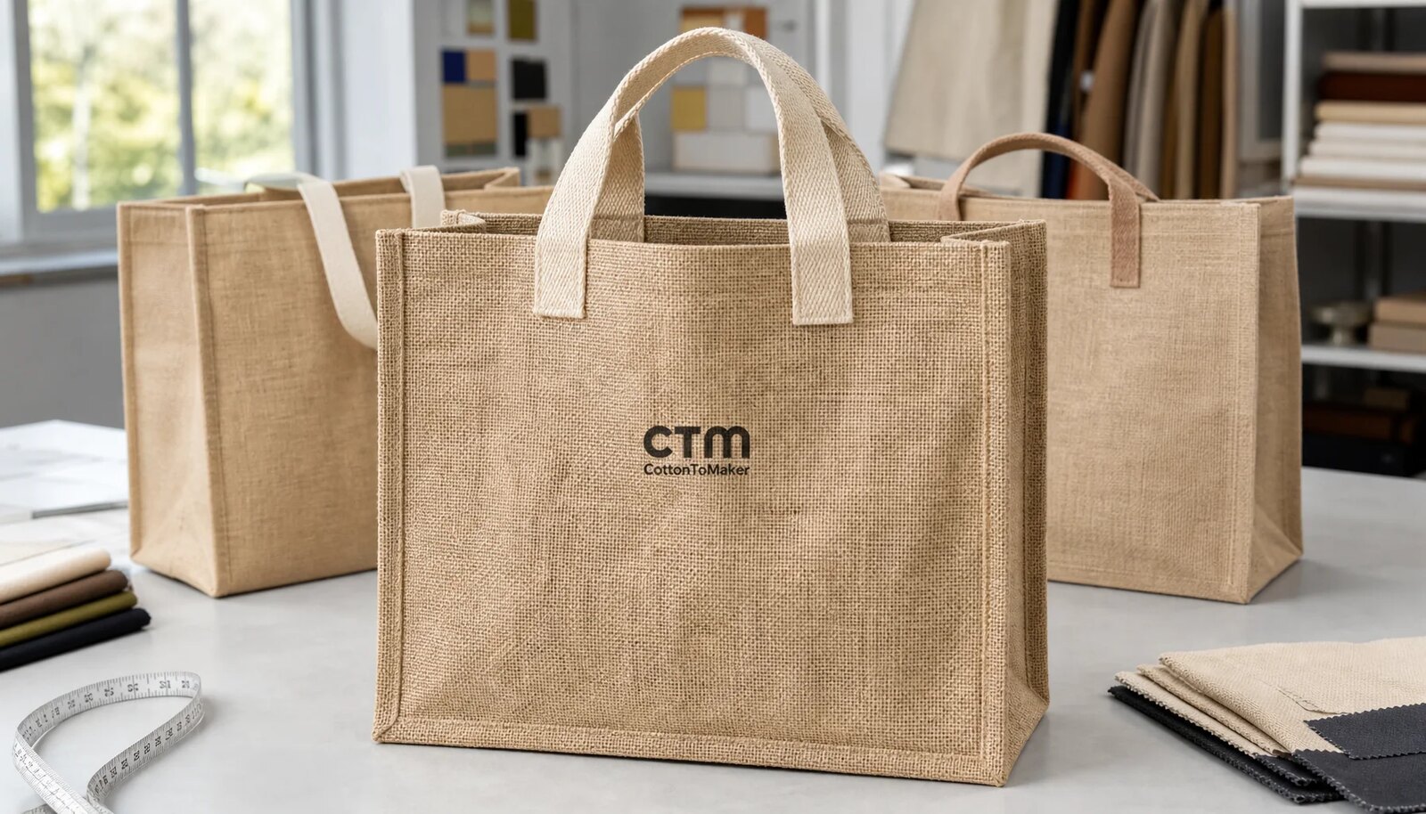 Custom natural jute tote bag sample with CottonToMaker logo for hotel retail approval