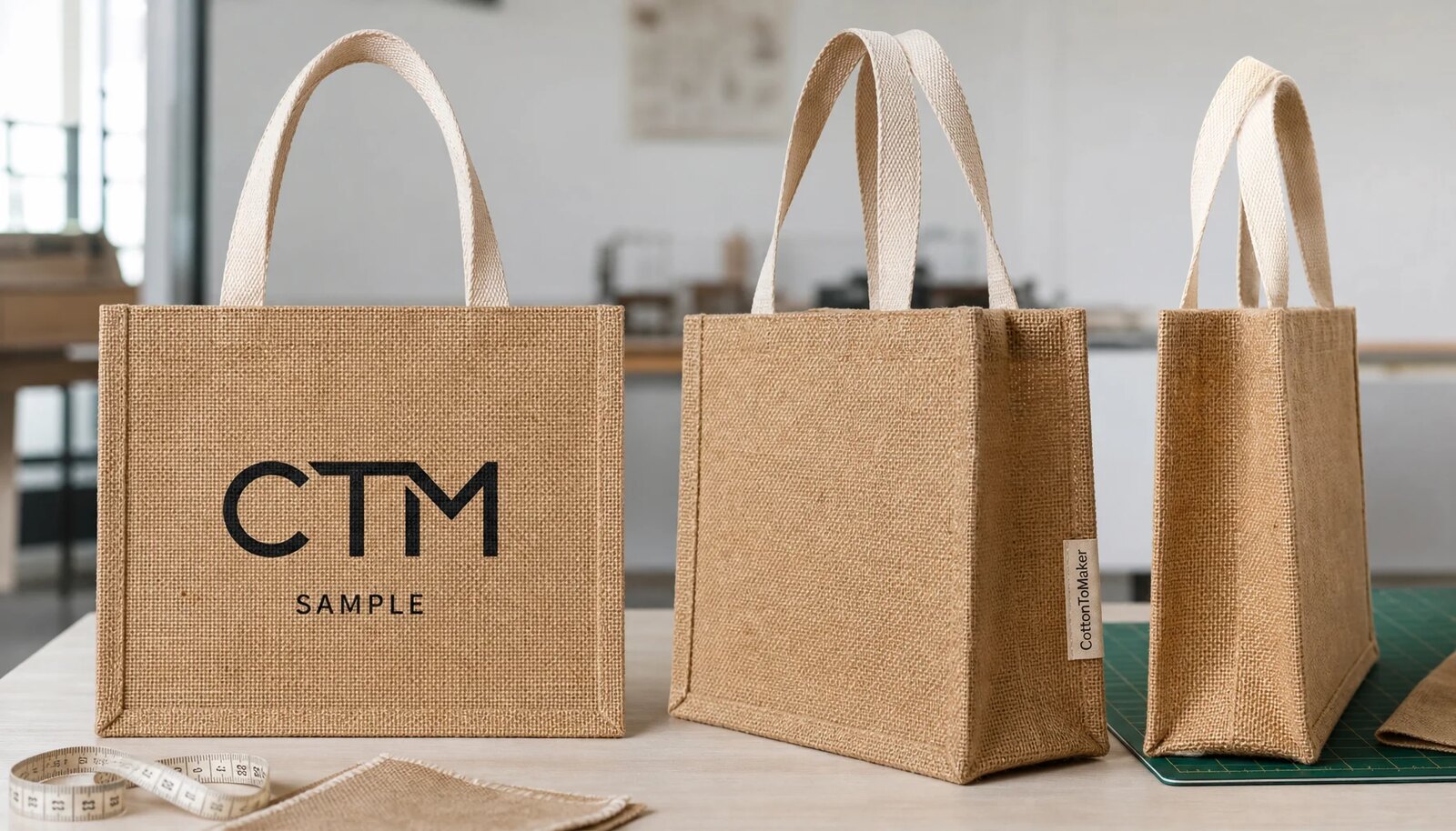 Custom natural jute tote bag with front logo placement sample and cotton webbing handles