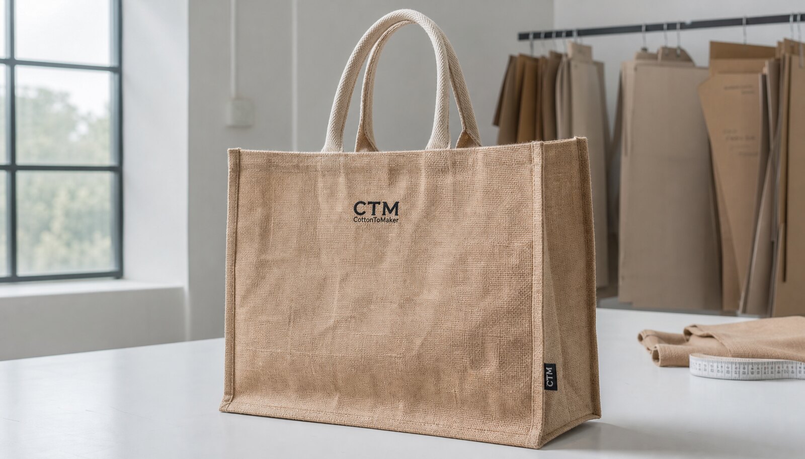 Photorealistic jute tote bag with a CTM sample logo printed on the front in a clean sample room.