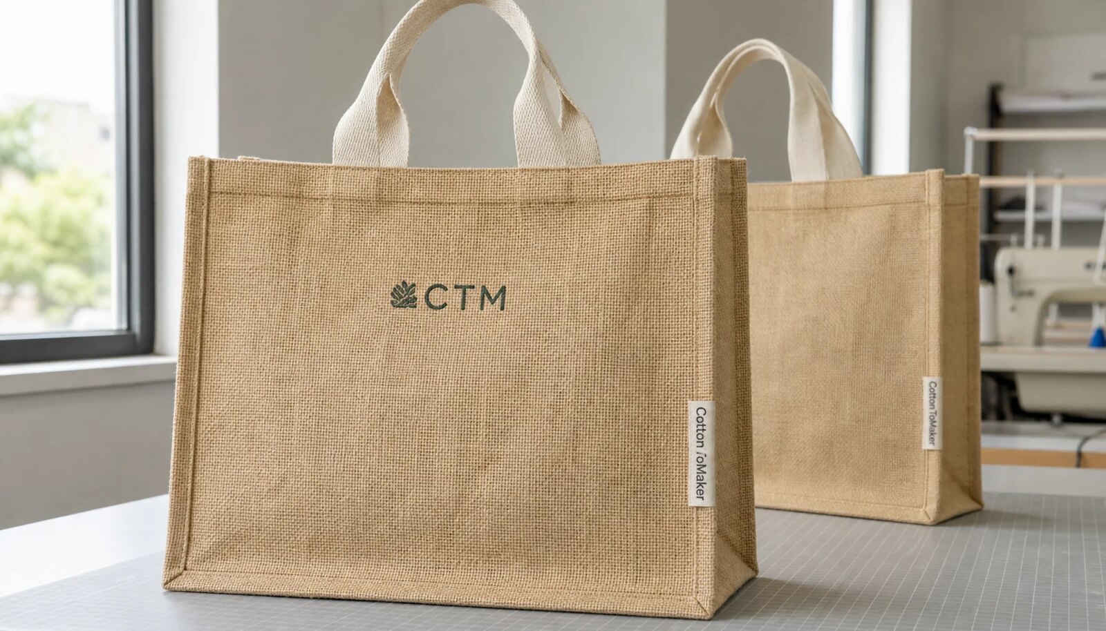 Natural jute tote bag with a small CTM logo printed on the front panel and a woven CottonToMaker side label in a clean sample room.
