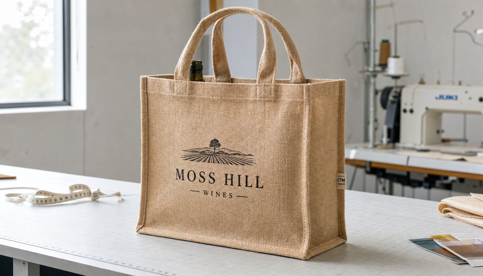Natural jute tote bag with a stitched CTM sample label in a clean factory sample room