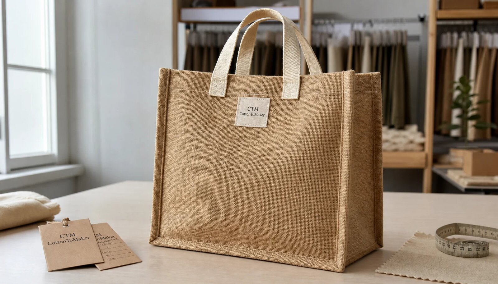 Natural jute tote bag with a sewn CTM side label in a clean sample room.