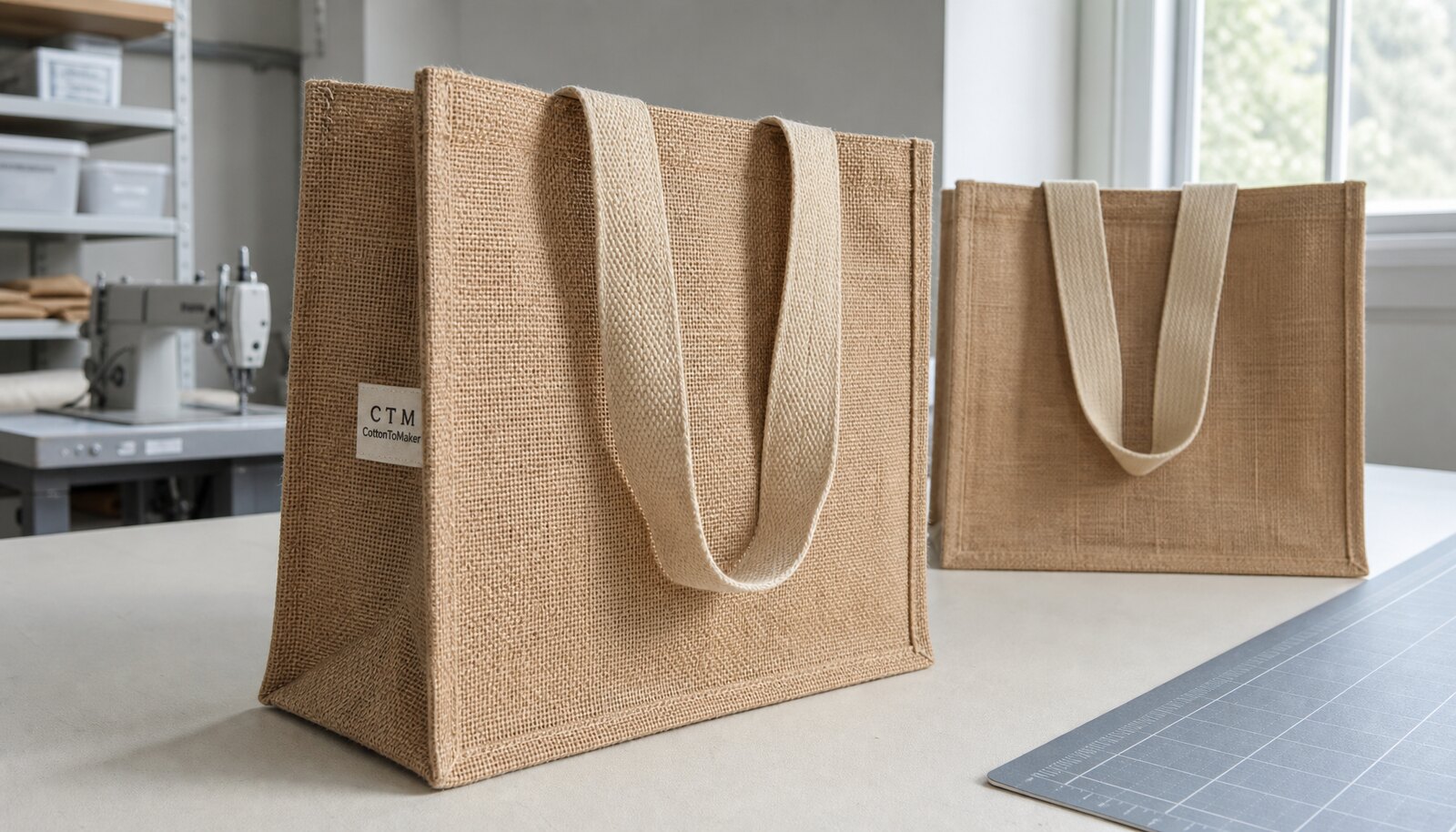 Natural jute tote bags with stitched CottonToMaker side label in a factory sample room